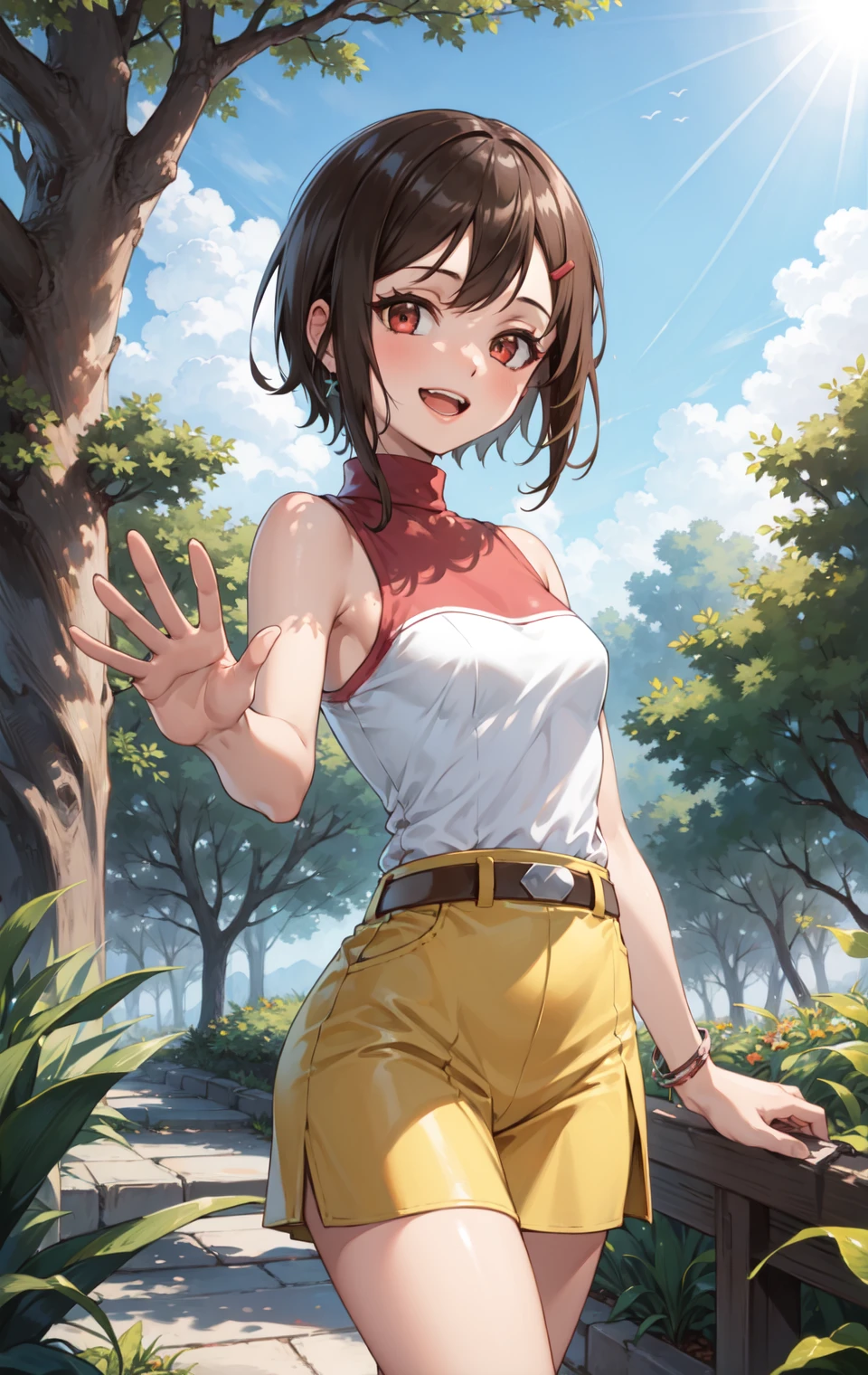 masterpiece, best quality, highres,
HikariDef, 1girl, solo, short hair, brown eyes, red eyes, brown hair, hair ornament, hairclip, 
shirt, bare shoulders, skirt, jewelry, sleeveless, belt, turtleneck, yellow skirt, 
cowboy shot, waving, waving arms, looking at viewer, forest, outdoors, tree, sunlight, cloudy, laughing, <lora:Yagami_Hikari:1>