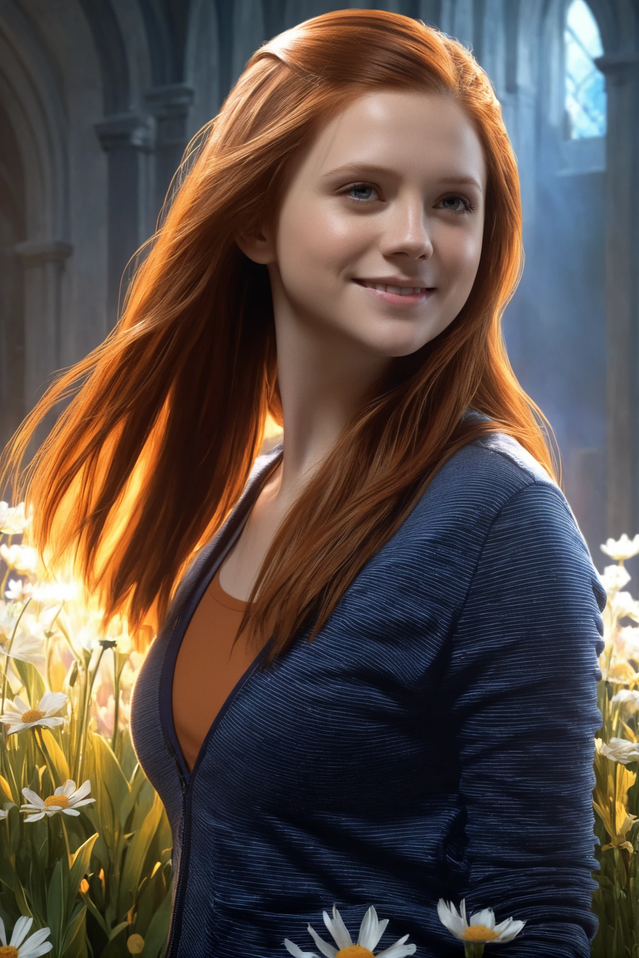 Ginny_Weasley, a woman wearing a stripped jacket and jeans pants, Hidden behind flowers, even the smile, surrounded by grace, Beautiful idea from Sady Sadness, breathtaking, something that does not exist at all, mythical creature, energy, molecular, textures, iridescent and luminous scales, breathtaking beauty, pure perfection, divine presence, unforgettable, awe-inspiring, breathtaking beauty, volumetric light, auras, rays, vivid color reflections, detailed, hdr, epic background, line art, digital illustration, comic style, dynamic, highly detailed, artstation, concept art, smooth, sharp focus, illustration, Thomas Moran style, art by Carne Griffiths and Wadim Kashin, detailed background, 60-30-10 color rule, warm tones, godrays, unreal engine, greg rutkowski, loish, rhads, beeple, makoto shinkai and lois van baarle, ilya kuvshinov, rossdraws, tom bagshaw, alphonse mucha, global illumination, detailed and intricate environment <lora:Ginny_Weasley:0.8>