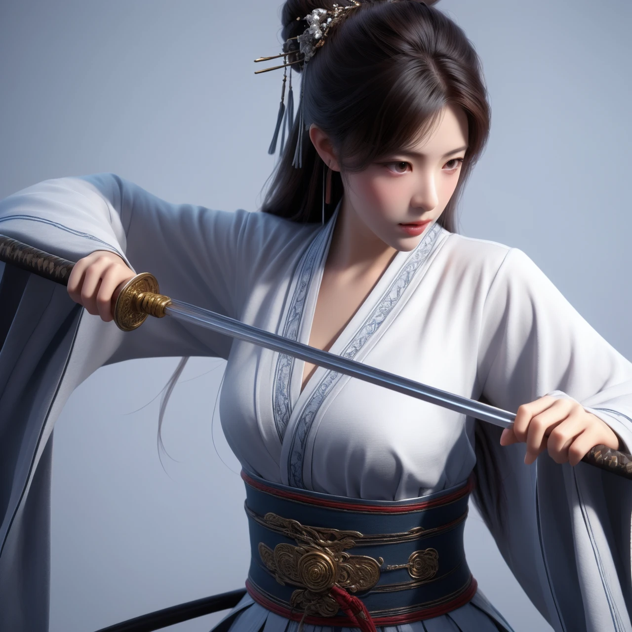 nvjianke,1girl,weapon,solo,sword,jewelry,earrings,hair ornament,holding,long hair,holding weapon,realistic,wide sleeves,black hair,holding sword,chinese clothes,long sleeves,hanfu,sash,closed mouth,hair stick,looking away,looking to the side,grey background,bangs,upper body,necklace,
Best quality,masterpiece,ultra high res,<lora:20240301-1709278215417-0020:0.7>,