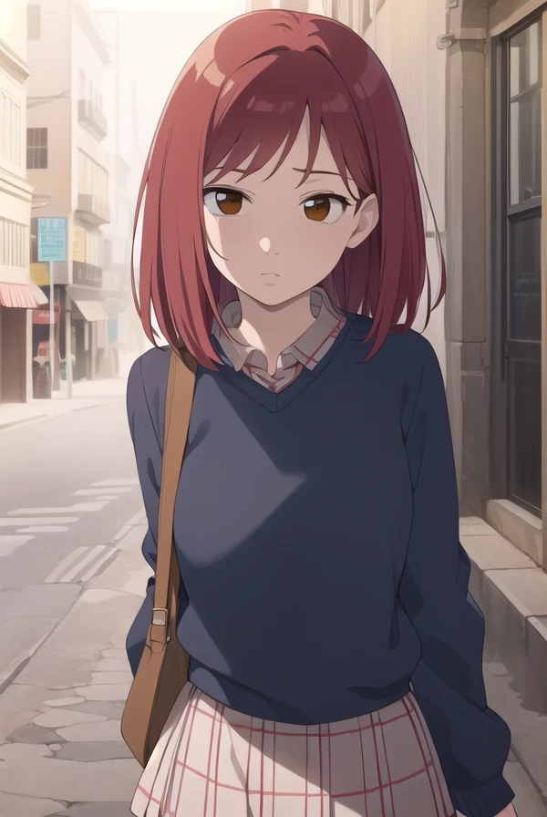 mamimisamejima, <lora:mamimi samejima ova1-lora-nochekaiser:1>,
mamimi samejima, short hair, (brown eyes:1.5), red hair,
BREAK skirt, school uniform, serafuku, sweater, plaid, plaid skirt, long sleeves,
BREAK outdoors,
BREAK looking at viewer, (cowboy shot:1.5), dynamic pose,
BREAK <lyco:GoodHands-beta2:1>, (masterpiece:1.2), best quality, high resolution, unity 8k wallpaper, (illustration:0.8), (beautiful detailed eyes:1.6), extremely detailed face, perfect lighting, extremely detailed CG, (perfect hands, perfect anatomy),