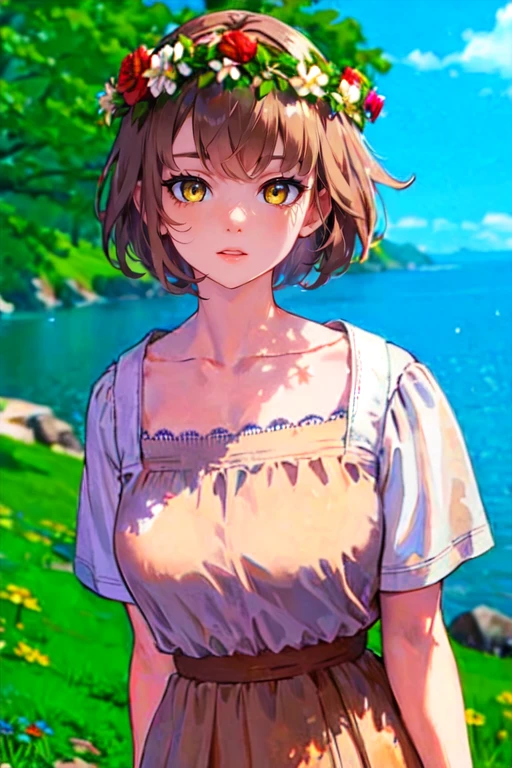 falin_thorden, 1girl, head wreath, short hair, smile, brown eyes, open mouth, brown hair, blush, looking at viewer, outdoors, day, white dress, sky, collarbone, short sleeves, :d, blurry background, flower wreath<lora:EMS-308231-EMS:1.000000>