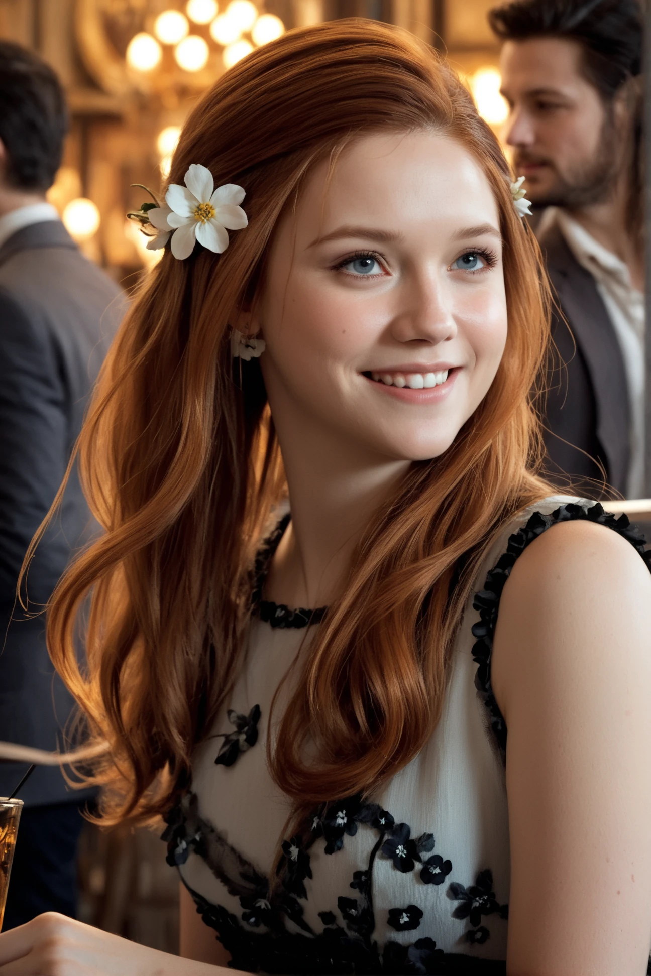 Ginny_Weasley, a woman wearing a dress with black flowers on it and a flower in her hair, fit laughing girl leaning forward, detailed cafe set-up, Perfect anatomy, hilarious smile, illustrative, painterly, highly detailed, graphic illustration, comic art, graphic novel art, vibrant, detailed character design, unreal engine,, cozy time, chill, in the style of Ben Boshau, Michael Garmash, Daniel F. Gerhartz, Clint Shirley, Carne Griffiths, Jean Baptiste Monge, shallow depth of field, ultra-high image quality, best result in the field of view, best result in areas of a very beautiful face, divine presence, cinematic quality, clear focus, studio photography, masterpiece, detailed, hdr, epic background, line art, digital illustration, comic style, dynamic, highly detailed, artstation, concept art, smooth, sharp focus, illustration, Thomas Moran style, art by Carne Griffiths and Wadim Kashin, detailed background, 60-30-10 color rule, warm tones, godrays, unreal engine, greg rutkowski, loish, rhads, beeple, makoto shinkai and lois van baarle, ilya kuvshinov, rossdraws, tom bagshaw, alphonse mucha, global illumination, detailed and intricate environment <lora:Ginny_Weasley:0.8>