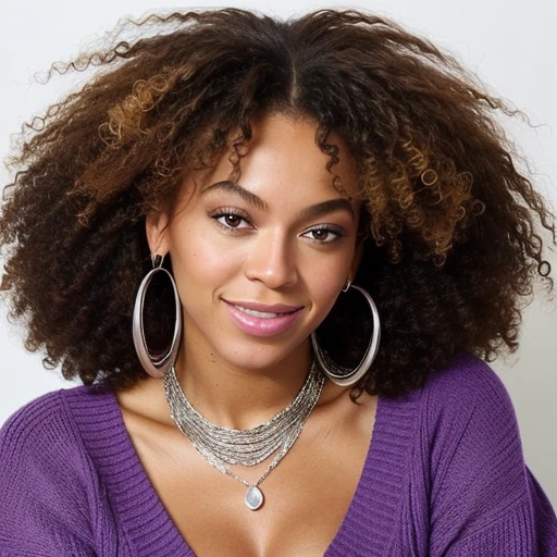 a photo of Beyonce1_512-4800, a woman wearing a (purple sweater), a woman wearing a (silver necklace and silver hoop earrings), a woman with a (large afro),