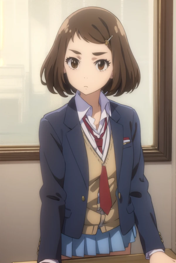 kanakoumoto, <lora:kana koumoto movie2-lora-nochekaiser:1>,
kana koumoto, short hair, brown hair, hair ornament, (brown eyes:1.5), hairclip,
BREAK skirt, school uniform, pleated skirt, necktie, miniskirt, cardigan, red necktie, brown cardigan, blazer, blue blazer,
BREAK indoors, classroom,
BREAK looking at viewer, (cowboy shot:1.5), dynamic pose,
BREAK <lyco:GoodHands-beta2:1>, (masterpiece:1.2), best quality, high resolution, unity 8k wallpaper, (illustration:0.8), (beautiful detailed eyes:1.6), extremely detailed face, perfect lighting, extremely detailed CG, (perfect hands, perfect anatomy),