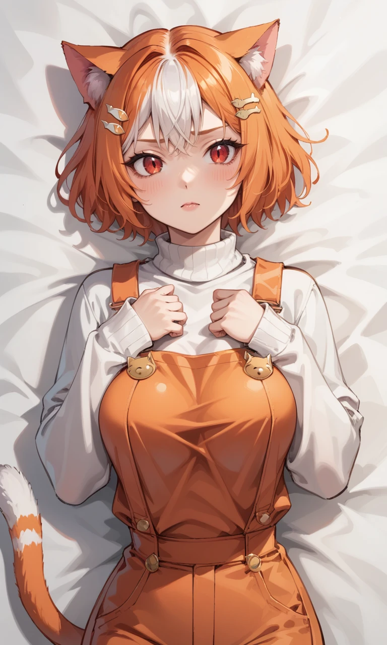 score_9, score_8_up, score_7_up, 2D, rating_explicit, source_anime,
BREAK,
Lying on back, arms crossed over chest,
1girl, solo, tail, red eyes, cat tail, large breasts, cat girl, animal ear fluff, orange hair, multicolored hair, white hair, short hair, animal ears, tail, cat ears, fish hair ornament, hair ornament, hairclip, hair over ears, bangs, two-tone hair, orange overalls, overalls, white sweater, sweater, long sleeves, turtleneck, turtleneck sweater,  <lora:PonyMixMarsey:0.5>, sketch, simple background, detailed face