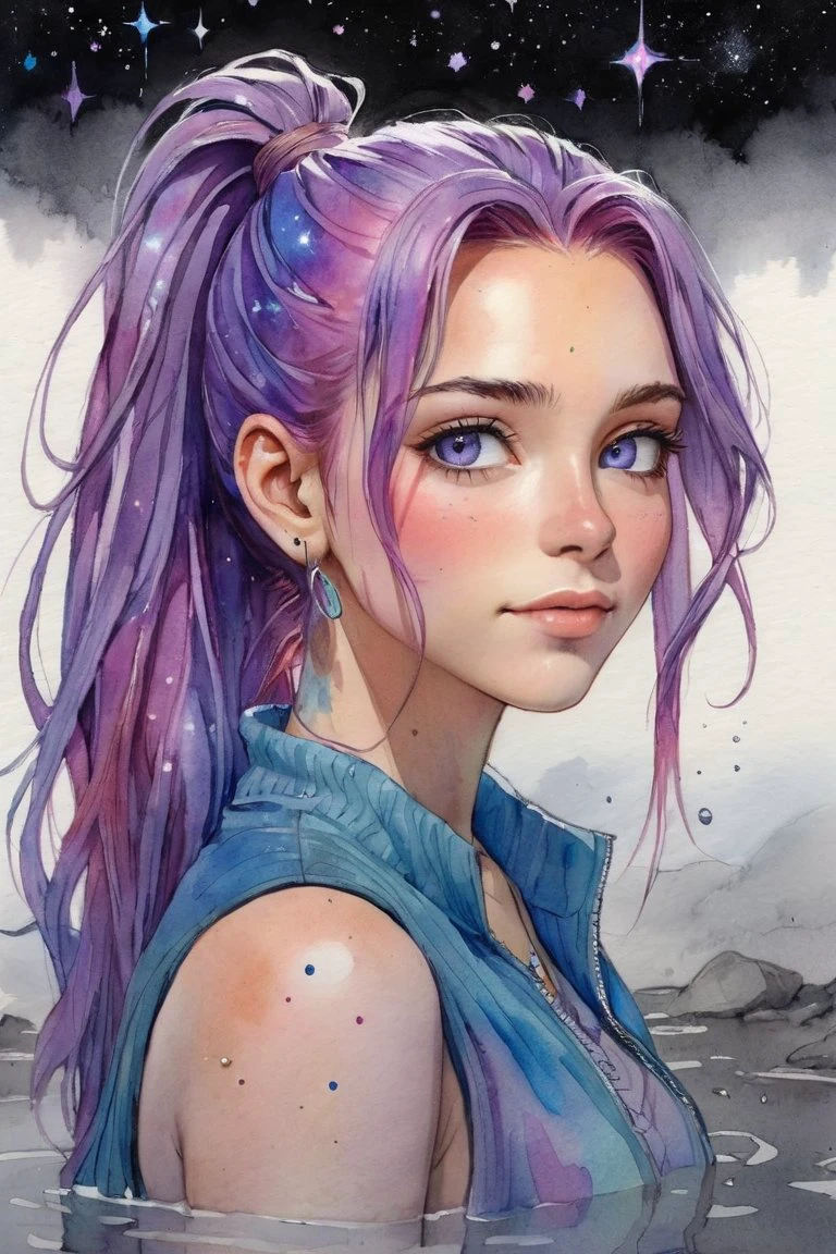 (masterpiece), 8k, very wide shot, volumetrics dtx, portrait, melting into a magical puddle of stars, beautiful eyes, (dreadlocks:0.5) in a ponytail, (Violet head:1), vibrant colors, highly detailed, watercolor sketch in artistic style, large strokes, finalized with ink, fine lines