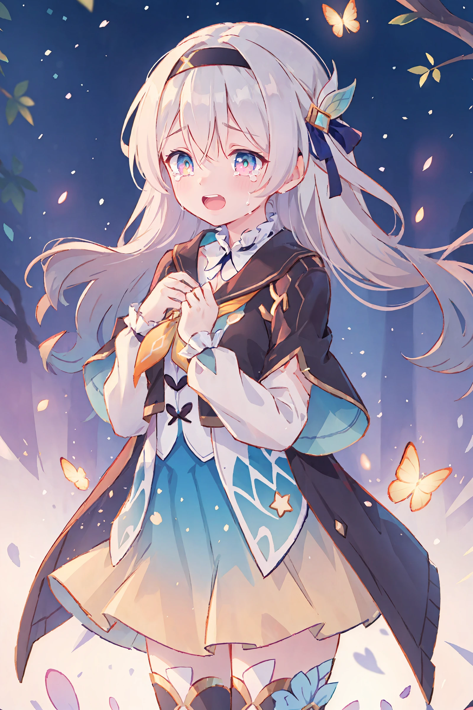 1girl, firefly \(honkai: star rail\), solo, black thighhighs, hairband, gradient skirt, hair ornament, blouse, frilled collar, cropped jacket, yellow neckerchief, cowboy shot, standing, smile, floating hair, depth of field, hands on own chest, crying with eyes open, bokeh, fireflies, night