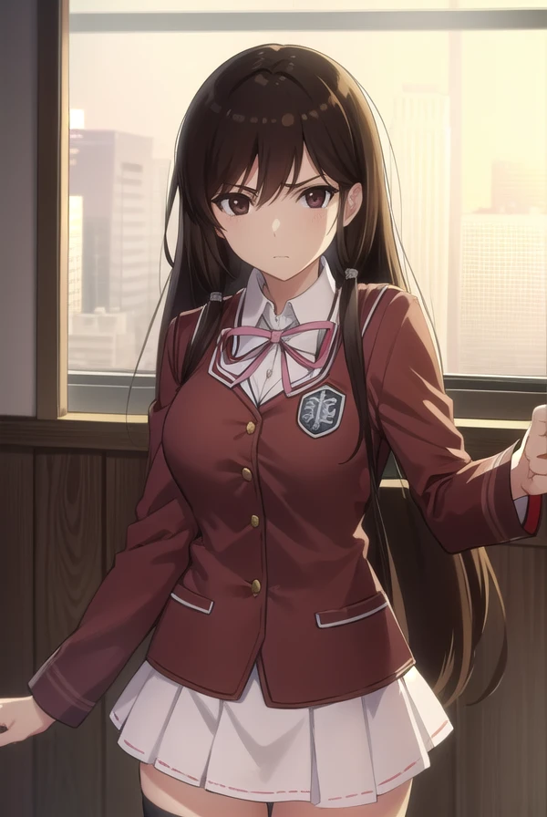 kusunokikasuga, <lora:kusunoki kasuga s2-lora-nochekaiser:1>,
kusunoki kasuga, long hair, brown hair, black hair, (brown eyes:1.5),
BREAK skirt, thighhighs, zettai ryouiki, school uniform, shirt, red shirt, pink skirt, long sleeves,
BREAK indoors, classroom,
BREAK looking at viewer, (cowboy shot:1.5),
BREAK <lyco:GoodHands-beta2:1>, (masterpiece:1.2), best quality, high resolution, unity 8k wallpaper, (illustration:0.8), (beautiful detailed eyes:1.6), extremely detailed face, perfect lighting, extremely detailed CG, (perfect hands, perfect anatomy),