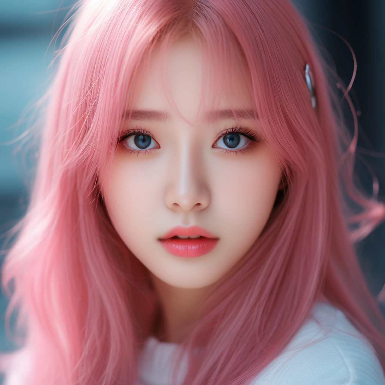 1girl, asian girl, korean, pink hair, blue eyes, cute, wonderful, realistic, photography, close-up shoot