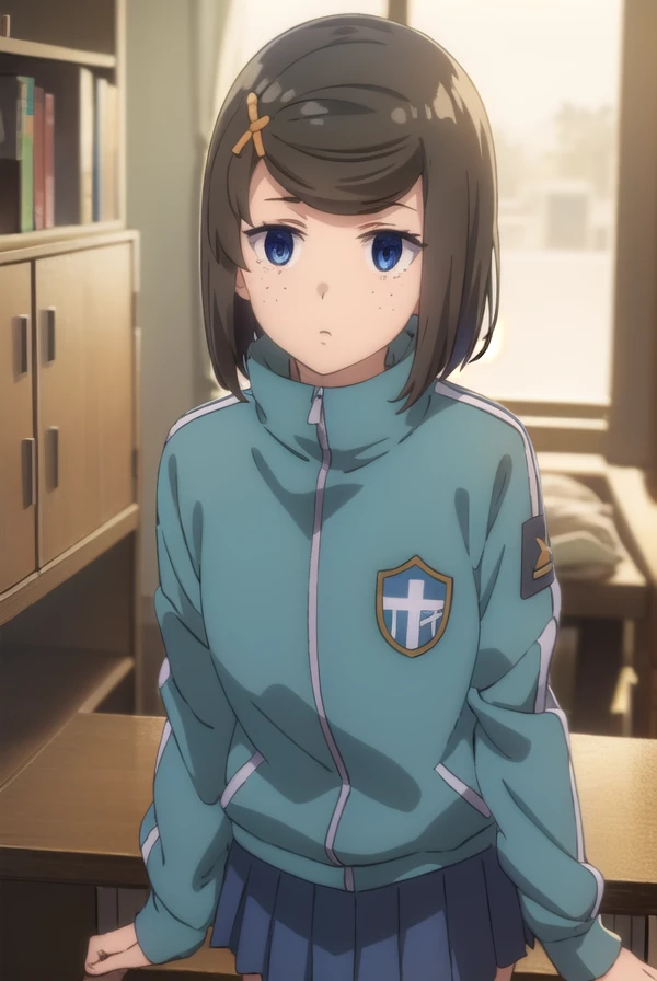 tomomihetada, <lora:tomomi hetada movie2-lora-nochekaiser:1>,
tomomi hetada, short hair, blue eyes, brown hair, hair ornament, hairclip, (swept bangs:1.5), freckles, 
BREAK jacket, track jacket, skirt, blue skirt, pleated skirt,
BREAK indoors, classroom,
BREAK looking at viewer, (cowboy shot:1.5), dynamic pose,
BREAK <lyco:GoodHands-beta2:1>, (masterpiece:1.2), best quality, high resolution, unity 8k wallpaper, (illustration:0.8), (beautiful detailed eyes:1.6), extremely detailed face, perfect lighting, extremely detailed CG, (perfect hands, perfect anatomy),