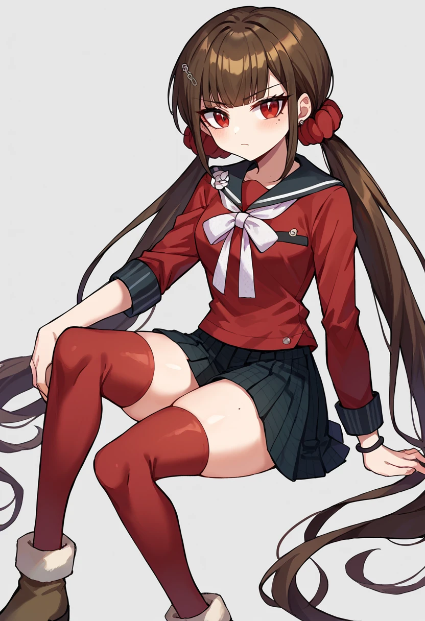 score_9, score_8_up, score_7_up, BREAK Harumaki, 1girl, low twintails, red eyes, brown hair, mole under eye, hairclip, red shirt, brooch, pleated skirt, white bow, red thighhighs, red scrunchie, boots, <lora:MakiV2F-000008:1>
