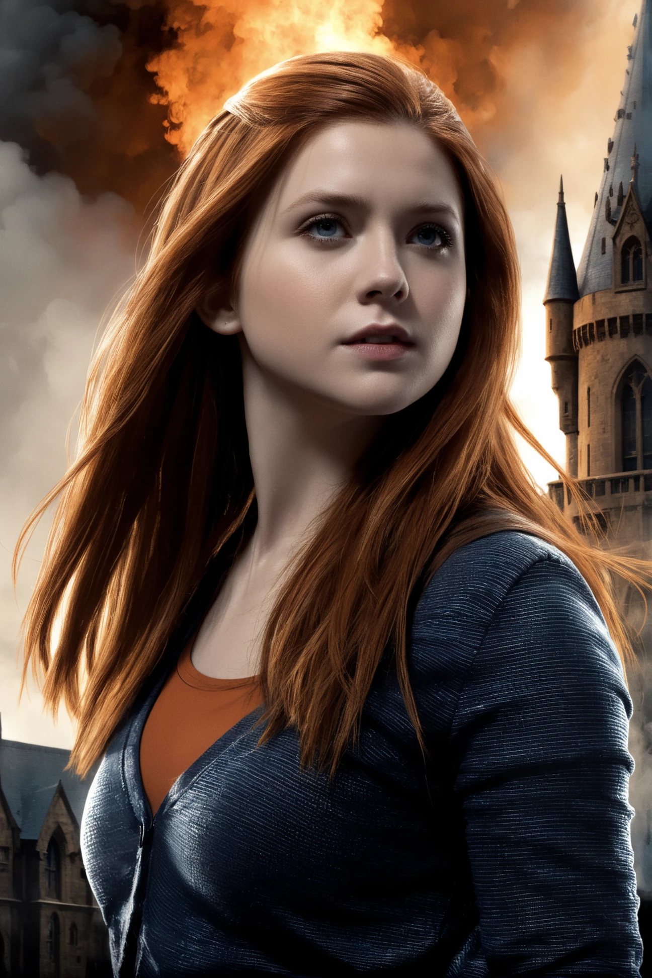 Ginny_Weasley, a woman wearing a stripped jacket and jeans pants, a witch, in front of a building with a glass, in front of grey sepia smoke background with a sky full of cloud background and some rock in the air, outside, in front of Hogwarts half-destroyed, poster style, close-up portrait, dark tones, chiaroscuro, detailed, hdr, epic background, line art, digital illustration, comic style, dynamic, highly detailed, artstation, concept art, smooth, sharp focus, illustration, Thomas Moran style, art by Carne Griffiths and Wadim Kashin, detailed background, 60-30-10 color rule, warm tones, godrays, unreal engine, greg rutkowski, loish, rhads, beeple, makoto shinkai and lois van baarle, ilya kuvshinov, rossdraws, tom bagshaw, alphonse mucha, global illumination, detailed and intricate environment <lora:Ginny_Weasley:0.8>