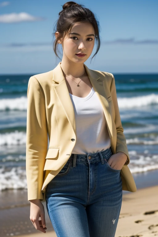 HWGIRL,masterpiece,ultra realistic,32k,extremely detailed CG unity 8k wallpaper, best quality,(winter day ),lady ,necklace ,eardrop, Great Ocean Road, Australia, ( Yellow Pairing a blazer with a graphic tee and jeans ) , Burgundy hair hair bun ,,<lora:Hwgirl_V020:0.9>,