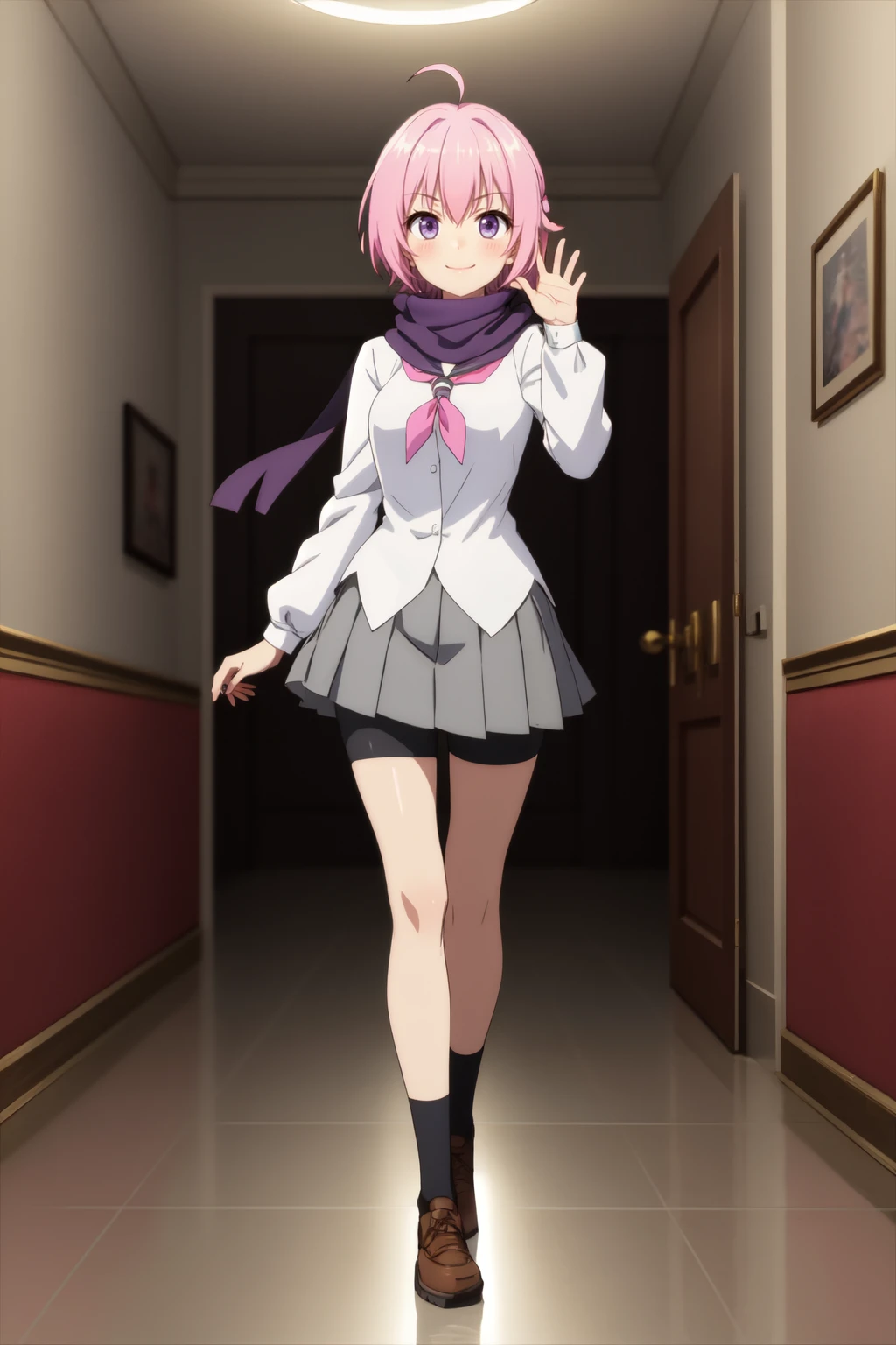 masterpiece, best quality, absurdres, 1girl, Shinobu <lora:Shinobu:0.8>, pink hair, short hair, purple eyes, ahoge, scarf, ribbon, hair ribbon,, neckerchief, (white shirt:1.2), bike shorts, grey skirt, pleated skirt,
BREAK light smile, nice hands, perfect hands, beaufitul hand, beautiful finger, indoors, (perfect anatomy),  [Cinematic lighting|Volumetric Lighting], portrait, full body