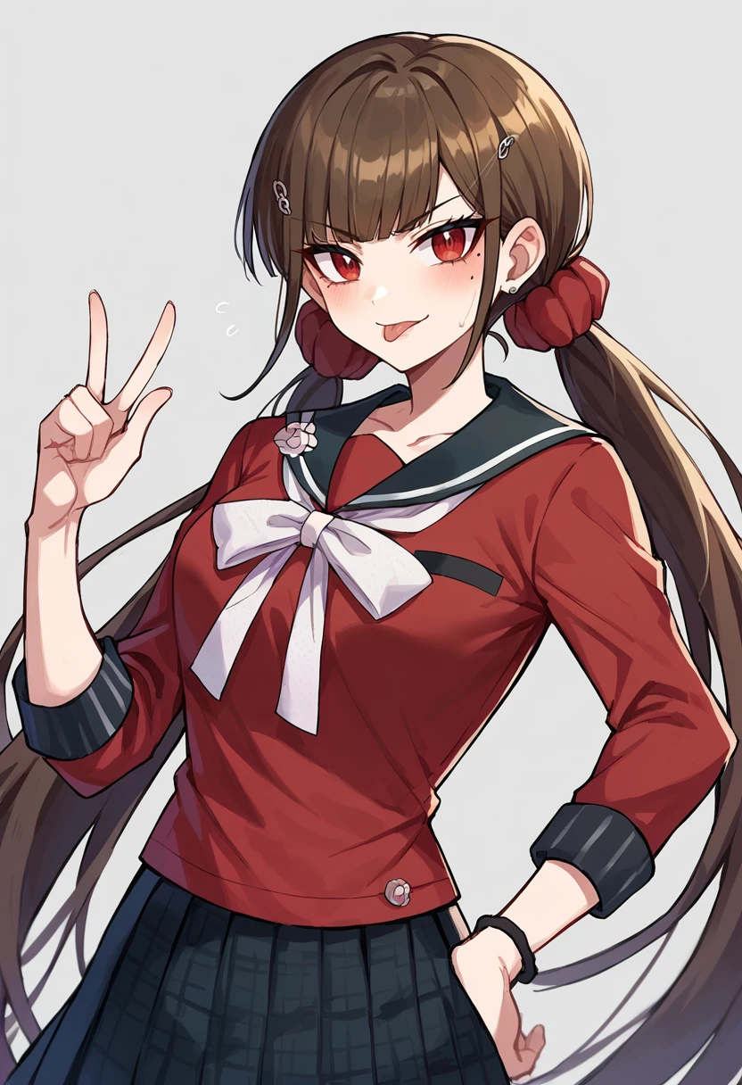 score_9, score_8_up, score_7_up, BREAK Harumaki, 1girl, low twintails, red eyes, brown hair, mole under eye, hairclip, red shirt, brooch, pleated skirt, white bow, red scrunchie, tongue out, <lora:MakiV2F-000008:1>