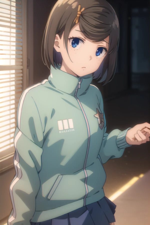 tomomihetada, <lora:tomomi hetada movie2-lora-nochekaiser:1>,
tomomi hetada, short hair, blue eyes, brown hair, hair ornament, hairclip, (swept bangs:1.5), freckles, 
BREAK jacket, track jacket, skirt, blue skirt, pleated skirt,
BREAK indoors, classroom,
BREAK looking at viewer, (cowboy shot:1.5), dynamic pose,
BREAK <lyco:GoodHands-beta2:1>, (masterpiece:1.2), best quality, high resolution, unity 8k wallpaper, (illustration:0.8), (beautiful detailed eyes:1.6), extremely detailed face, perfect lighting, extremely detailed CG, (perfect hands, perfect anatomy),