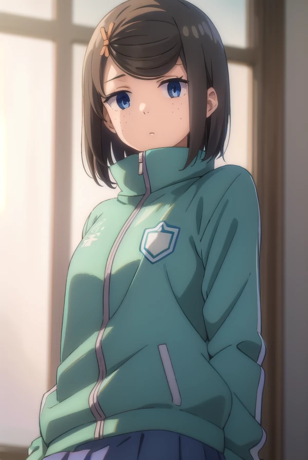 tomomihetada, <lora:tomomi hetada movie2-lora-nochekaiser:1>,
tomomi hetada, short hair, blue eyes, brown hair, hair ornament, hairclip, (swept bangs:1.5), freckles, 
BREAK jacket, track jacket, skirt, blue skirt, pleated skirt,
BREAK indoors, classroom,
BREAK looking at viewer, (cowboy shot:1.5), dynamic pose,
BREAK <lyco:GoodHands-beta2:1>, (masterpiece:1.2), best quality, high resolution, unity 8k wallpaper, (illustration:0.8), (beautiful detailed eyes:1.6), extremely detailed face, perfect lighting, extremely detailed CG, (perfect hands, perfect anatomy),