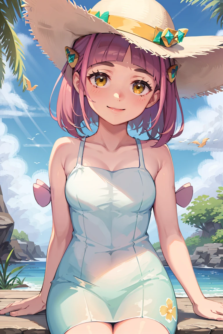 ((masterpiece,best quality)), absurdres, <lora:Lacey_Pokemon:0.8>, Lacey_Pokemon,  short hair, pink hair, yellow eyes, hairclips, solo, smiling, looking at viewer, cowboy shot,sitting at table, vivid detailed tropical drink, two straws, white sundress, sun hat, flowing winds, sunny, outdoors, upper body,