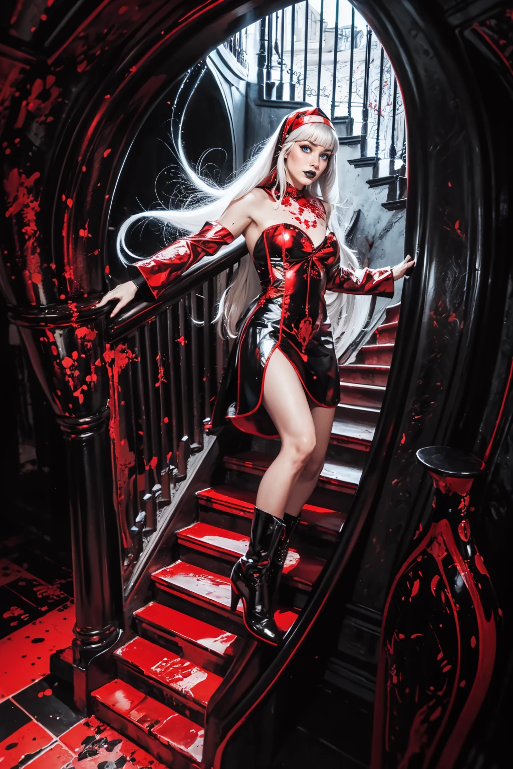 portrait, sexy woman, adult, tall, smirk, (long white hair with bangs:1.2), tmtc_3, symmetrical  black and red latex short dress, nun, habit, blood splatters, pelvic curtain, latex, boots, makeup, lipstick, false eyelashes, <lora:tmtc_3-08:0.68>, (Spiral Staircase Descent, Twisting, vertiginous, lair, hidden, by M.C. Escher:1.3),