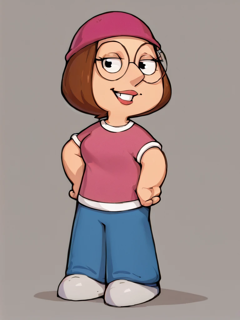 meg, brown hair, 1girl, glasses, solo, short hair, flat color, blue pants, beanie, pink shirt, moisesgrafic_style, cleavage, cleavage, thick thighs, lipstick, yellow background, mature female, mature female, big lips, pink lipstick, shading, pov, lips on glass, kissing