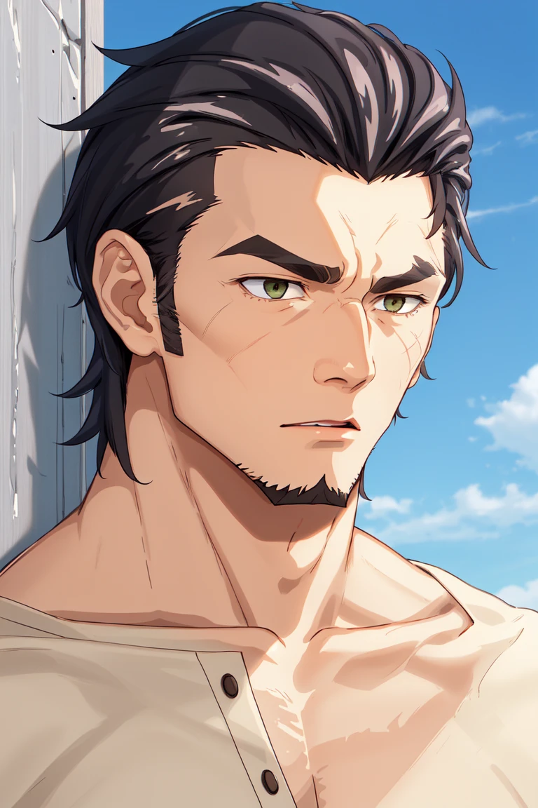 (1 image only), solo male, Kaburagi, Deca Dence, greying black hair, slicked back hair, thick eyebrows, sideburns, goatee, green eyes, scar, tucked-in wide necked short-sleeved white shirt, sleeves tucked up and buttoned, short sleeves, olive wide worker pants, black belt tied, brown boots. simplpe leather bracelet, toned male, mature, handsome, charming, alluring, (portrait, close-up), perfect anatomy, perfect proportions, best quality, masterpiece, high_resolution, dutch angle, outdoors, day, blue sky, science fiction, citadel on sky, photo background, (bare neck, collarbone:1.3)<lora:EMS-309283-EMS:0.700000>