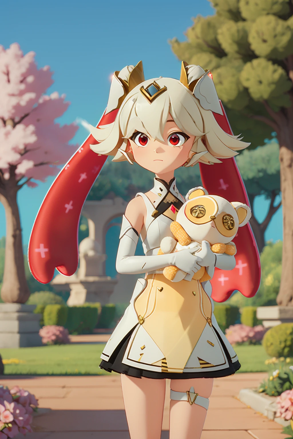 (2d:1.2), wide shot, (dynamic angle:1.1), outline, ((thick lineart)), cover, stylish, official art, (details:1.2), (fantasy), garden, (bloom:1.1), glow:0.2, shadow, nature, cherry blossoms, particles, (depth of field), sharp focus, (volumetric lighting), (bokeh:0.6), film grain:0.4, (soft lighting:1.1), rubytoff, white hair, hair ornament, twintails, hair between eyes, red eyes, bangs, gloves, white gloves, white dress, holding, holding stuffed toy, <lora:!Rubytoff_02_00_01:1>
