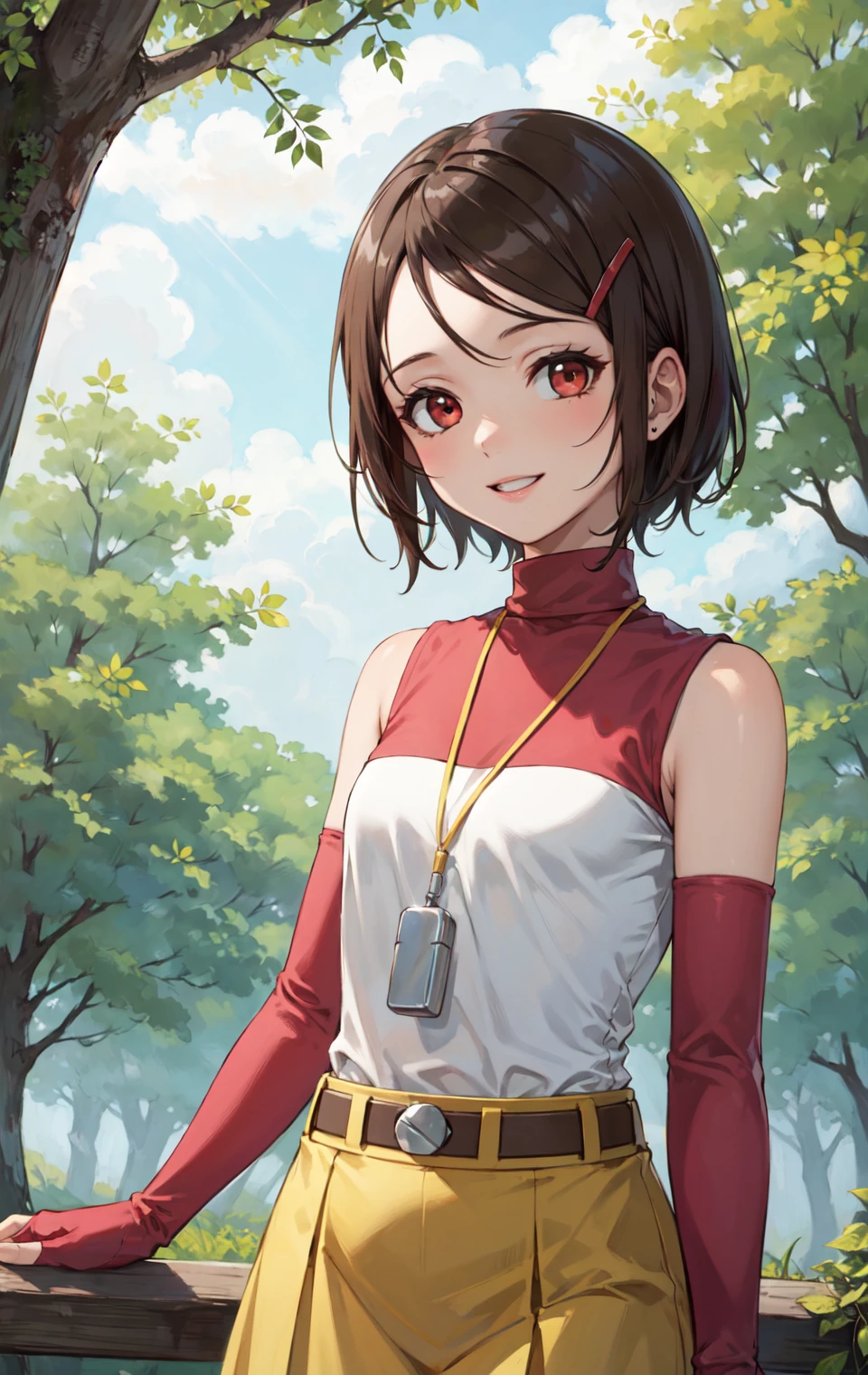 masterpiece, best quality, highres,
HikariDef, 1girl, solo, short hair, brown eyes, red eyes, brown hair, hair ornament, hairclip,  
shirt, bare shoulders, elbow gloves, gloves, skirt, jewelry, sleeveless, belt, turtleneck, yellow skirt, whistle, whistle around neck, 
cowboy shot, waving, waving arms, looking at viewer, forest, outdoors, tree, sunlight, cloudy, laughing, <lora:Yagami_Hikari:1>