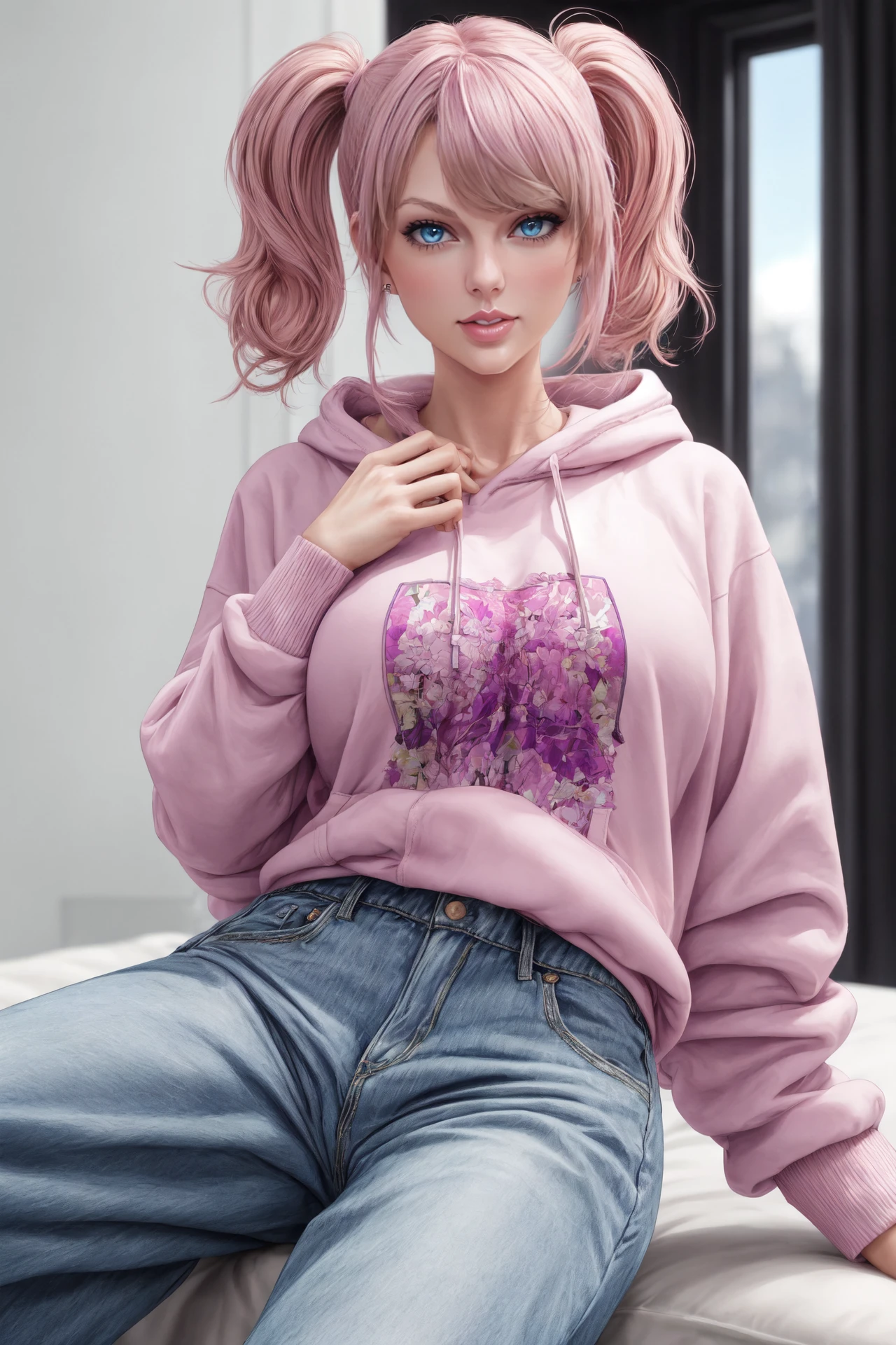 a stunning photorealistic full-body image of (Taylor Swift:0.8) with (full long pink-purple hair messy twintails), wearing (baggy:1.2) hoody sweatshirt and jeans, thicc thighs, (happy, smiling:0.6), cool colors, soft light, intricate details, morning, clear glossy eyes, (masterpiece, best quality), toned legs, ultra high quality, flawless fingers, ultra detailed skin, (skin imperfections:0.6), soft light, accurate fingers, detailed hands, sharp focus, cozy, perfect anatomy <lora:add_detail:0.8>