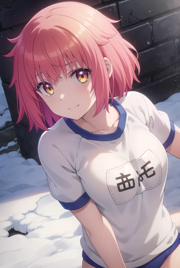 prismatanaka, <lora:prisma tanaka s3-lora-nochekaiser:1>,
tanaka, short hair, (yellow eyes:1.3), red hair, smile,
BREAK shirt, white shirt, short sleeves, gym uniform, buruma, name tag, blue buruma,
BREAK outdoors, snow,
BREAK looking at viewer, (cowboy shot:1.5), dynamic pose,
BREAK <lyco:GoodHands-beta2:1>, (masterpiece:1.2), best quality, high resolution, unity 8k wallpaper, (illustration:0.8), (beautiful detailed eyes:1.6), extremely detailed face, perfect lighting, extremely detailed CG, (perfect hands, perfect anatomy),