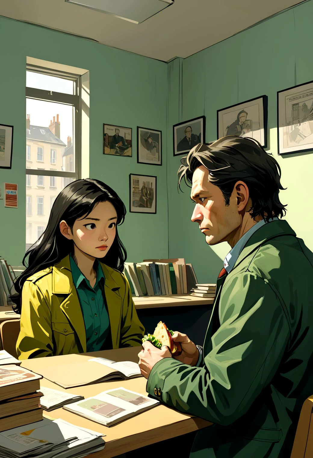 cinematic view, wide angle, an seated man with a dark green jacket  talking to a young asian lady in casual outfits and pale yellow jacket, long hairs, he eat a sandwich, detective office with old telefon , some books and cases folders, close view , casual, daily life, graphic novels, vibrant,( style by  jenny saville, style by lucian freud:1), dark light, hard shadows, precise, delicate, ligne claire, sketch