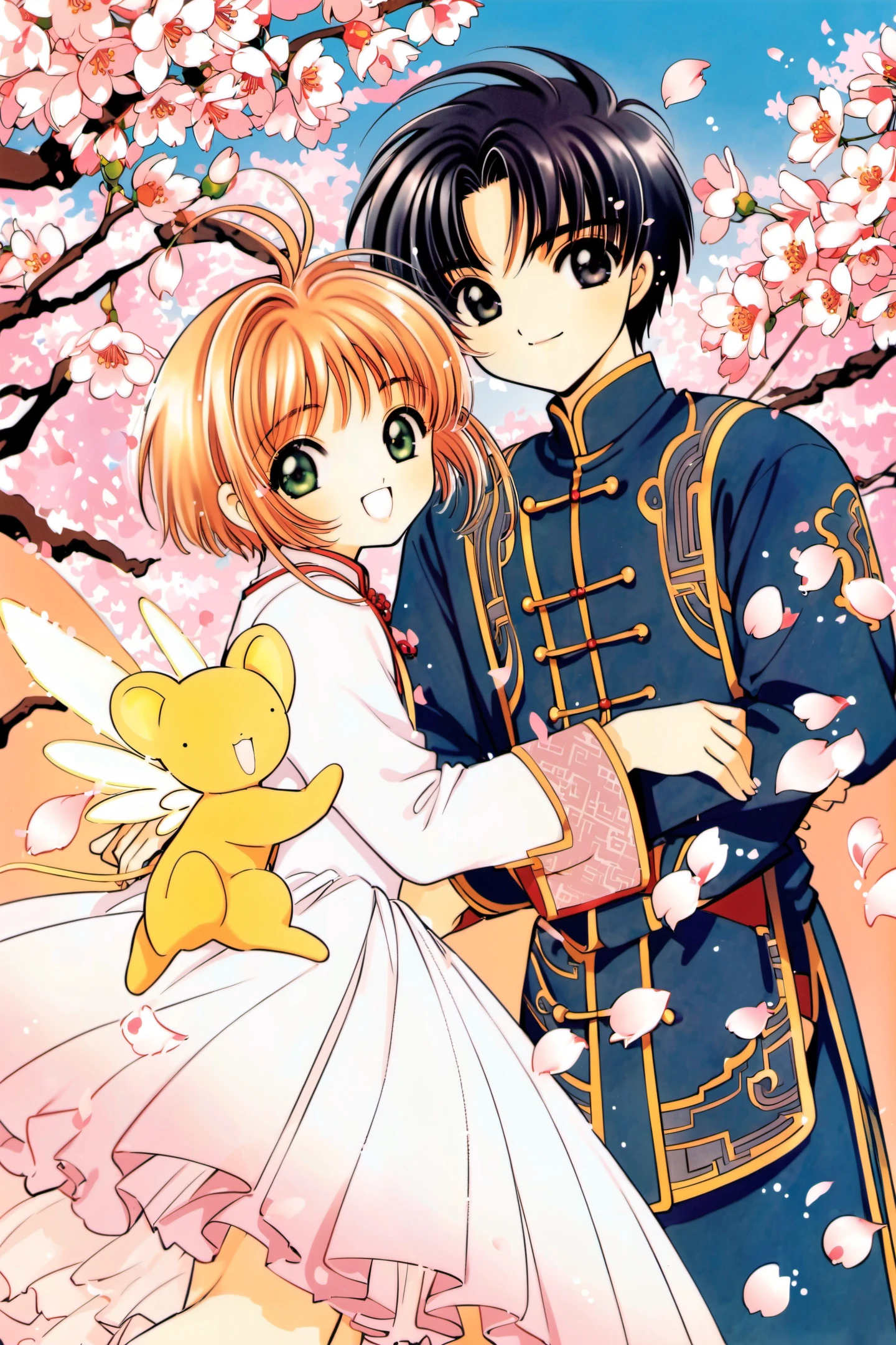kinomoto sakura,1girl,brown hair,1990s (style),kero,smile,black hair,1boy,short hair,green eyes,:d,open mouth,chinese clothes,antenna hair,bangs,retro artstyle,long sleeves,wings,looking at viewer,petals,closed mouth,flower,dress,cherry blossoms,black eyes,<lora:Card Captor Sakura_XL:0.8>,