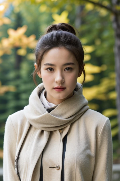 HWGIRL,masterpiece,ultra realistic,32k,extremely detailed CG unity 8k wallpaper, best quality,(autumn day ),lady ,necklace ,eardrop, Banff National Park, Canada, ( Beige Styling with a scarf ) , grey hair hair hair bun ,,<lora:Hwgirl_V020:0.9>,