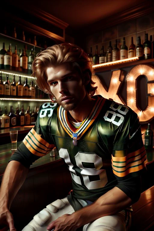 a portrait of David wearing a packers jersey. Dramatic lighting. Noir. In a bar. Night.