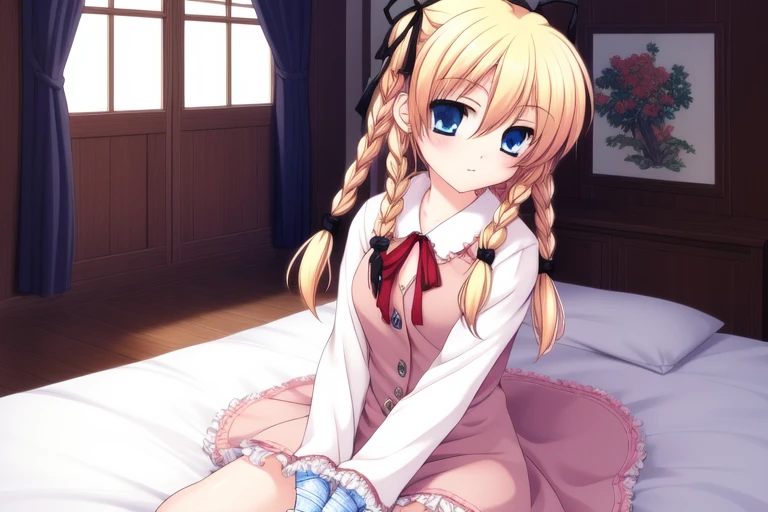 <lora:itsuki_and_imi:0.8>, itsukiandimi, 1girl, solo, braid, bed, twin braids, blue eyes, blonde hair, bandages, ribbon, long hair, hair ribbon,
masterpiece, high quality, very_high_resolution, large_filesize, full color,