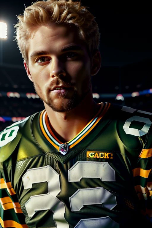 a closeup portrait of Gerber wearing a packers Jersey. Night.