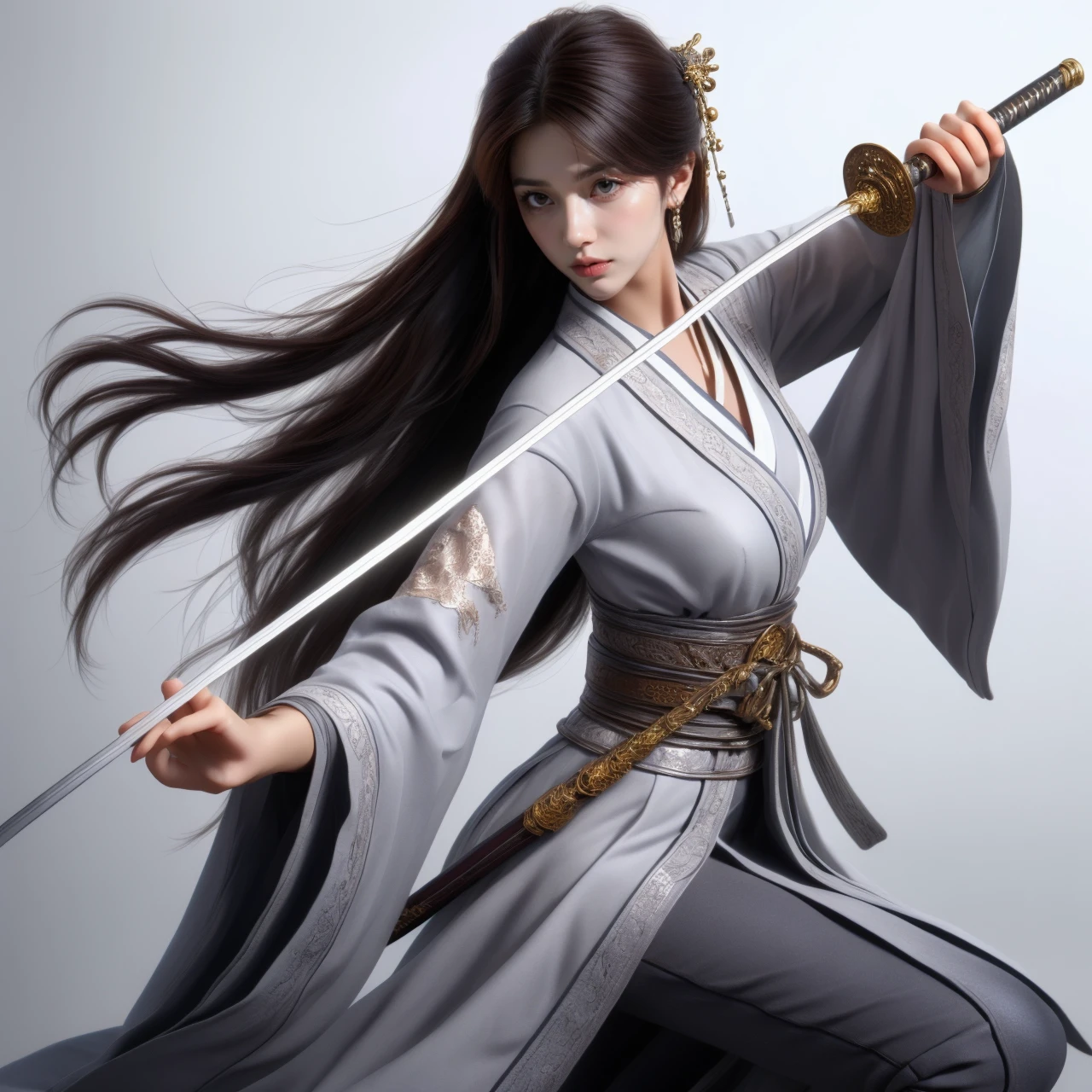 nvjianke,1girl,weapon,sword,solo,long hair,black hair,holding,hair ornament,holding weapon,holding sword,white background,sash,tassel,wide sleeves,long sleeves,looking at viewer,chinese clothes,hair stick,fighting stance,hair bun,simple background,very long hair,closed mouth,single hair bun,sheath,floral print,katana,brown eyes,lips,
Best quality,masterpiece,ultra high res,<lora:20240301-1709278215417-0020:0.7>,