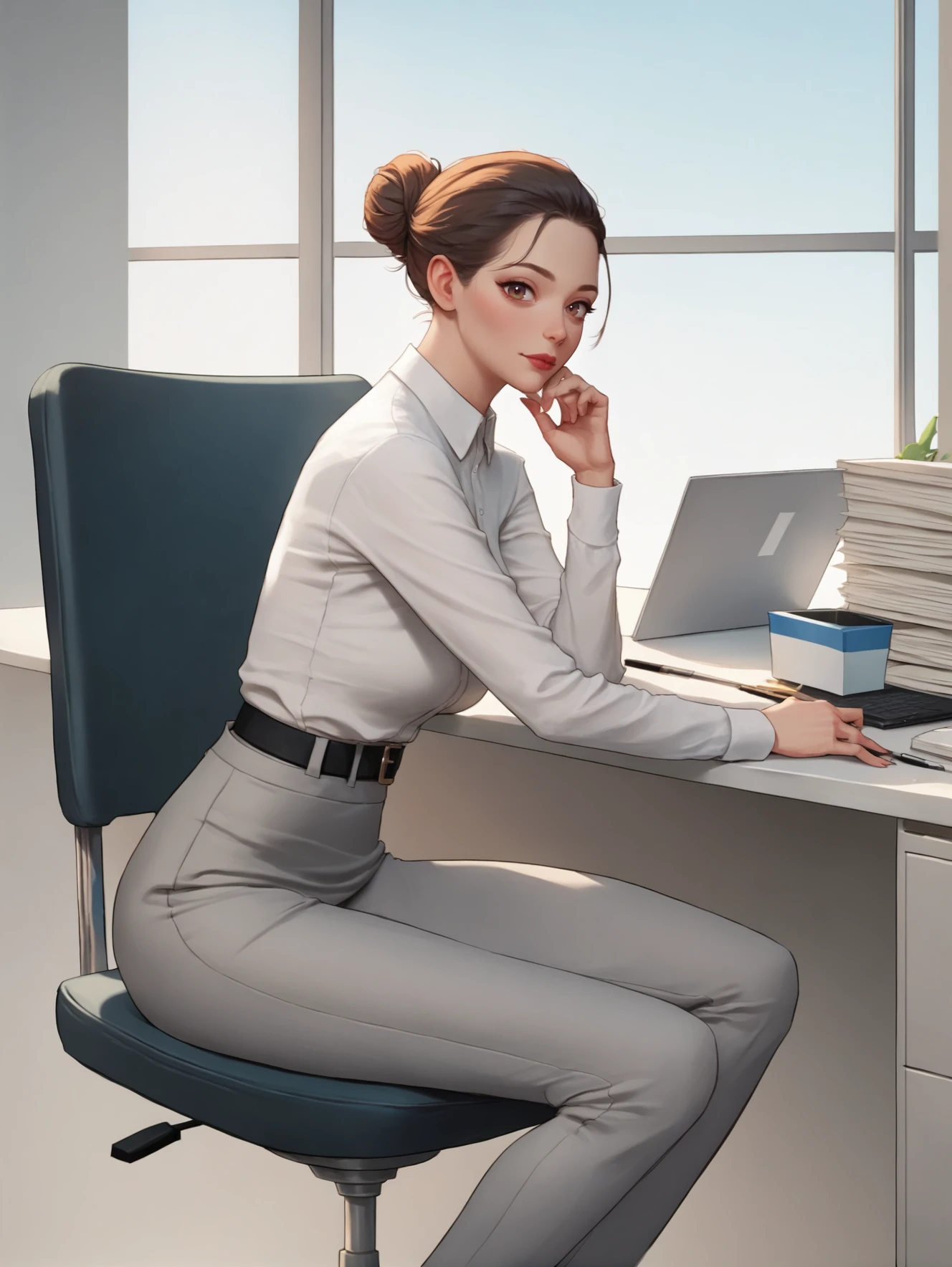 businesswoman sitting in office looking at viewer, hair bun <lora:WonbinLeeXL:1> BREAK score_9, score_8_up, score_7_up, score_6_up, score_5_up, score_4_up,