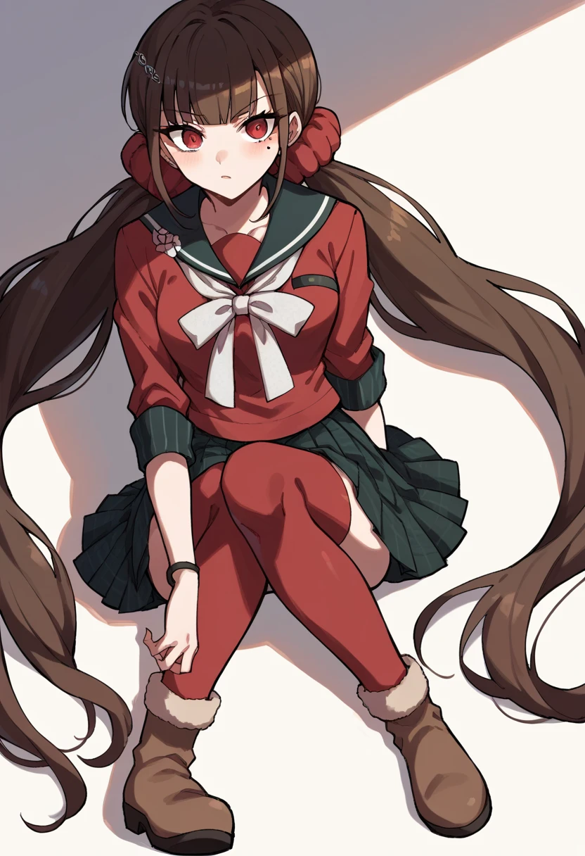 score_9, score_8_up, score_7_up, source_anime BREAK Harumaki, 1girl, low twintails, red eyes, brown hair, red scrunchie, mole under eye, hairclip, red shirt, brooch, pleated skirt, white bow, red thighhighs, boots, <lora:MakiTPonyXL-000009:1>