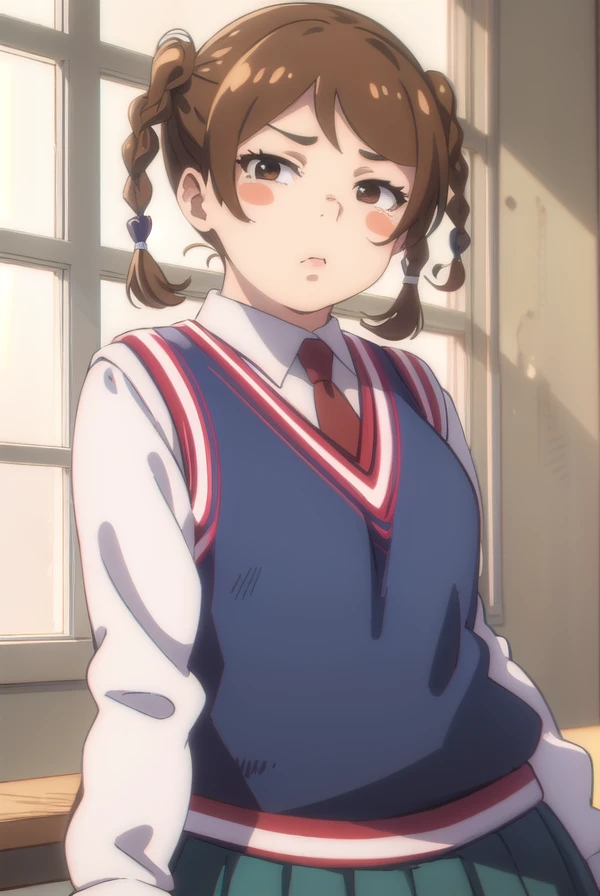 manmotoyama, <lora:man motoyama movie2-lora-nochekaiser:1>,
man motoyama, brown hair, braid, twin braids, fat, (brown eyes:1.5), blush, blush sticker,
BREAK skirt, school uniform, pleated skirt, necktie, miniskirt, red necktie, vest, sweater vest, blue sweater vest,
BREAK indoors, classroom,
BREAK looking at viewer, (cowboy shot:1.5), dynamic pose,
BREAK <lyco:GoodHands-beta2:1>, (masterpiece:1.2), best quality, high resolution, unity 8k wallpaper, (illustration:0.8), (beautiful detailed eyes:1.6), extremely detailed face, perfect lighting, extremely detailed CG, (perfect hands, perfect anatomy),