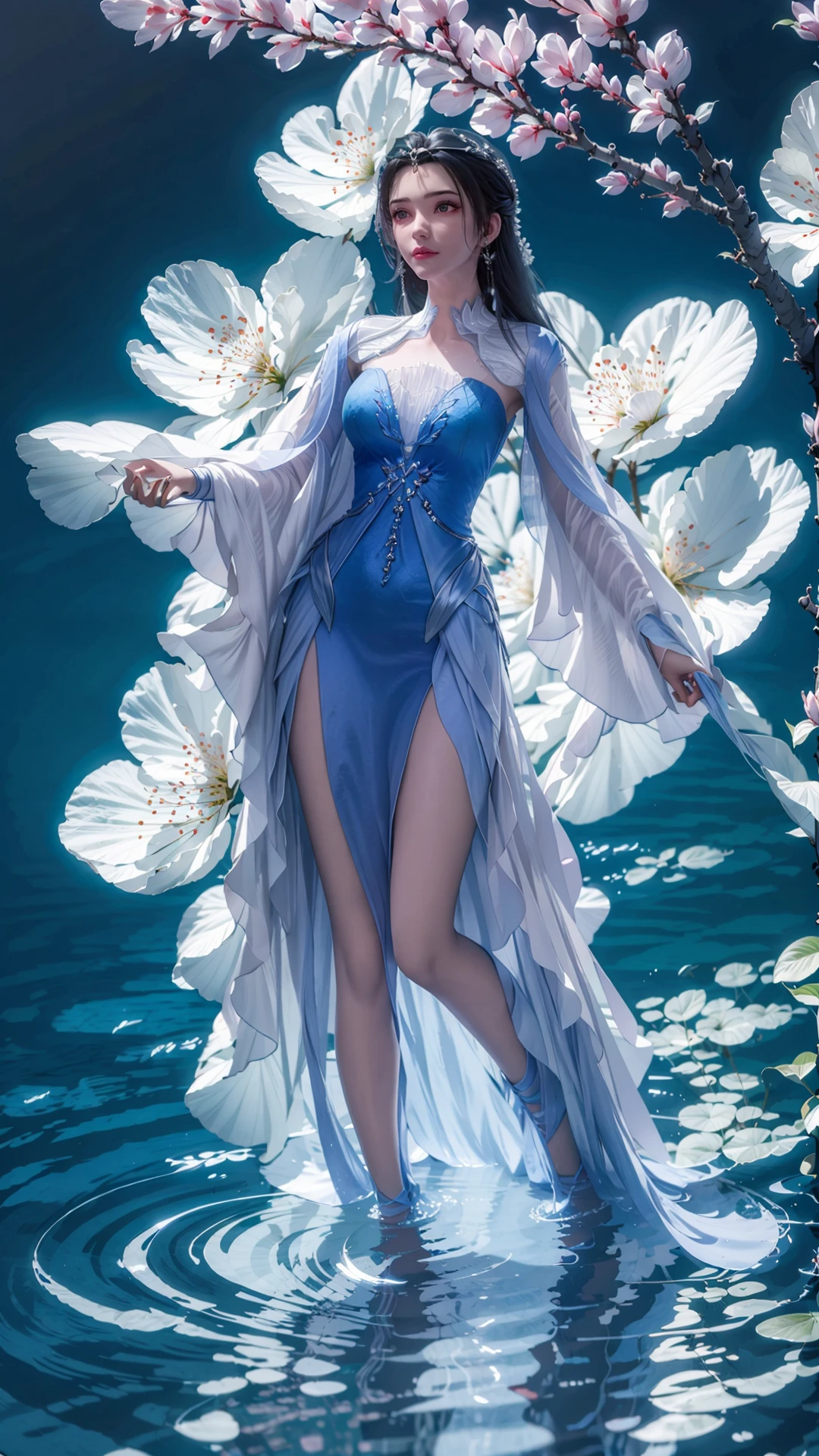 <lora:jmai_20240220005352-000008:0.8>,1girl,full body,panorama,exploring cherry blossom branches,wonderland,light blue element,night,side light shining on the face,blue water element,close range,