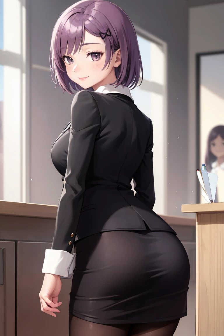 masterpiece, best quality, absurdres, 1girl, solo, JunkoKaname, short hair, hair ornament, office lady, black jacket, pencil skirt, black skirt, pantyhose, from behind, looking back, smile, <lora:CHAR-JunkoKaname:1>