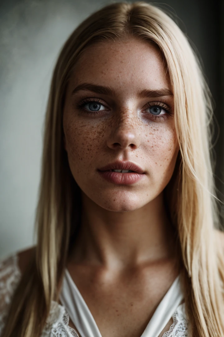 photo RAW,Beautiful blonde young woman with freckles,full lips,lace clothes, exceptional shallow depth-of-field capabilities, atmospheric blur,vivid colors,, high quality textures of materials, volumetric textures, coating textures, metal textures, dusty atmospheric haze