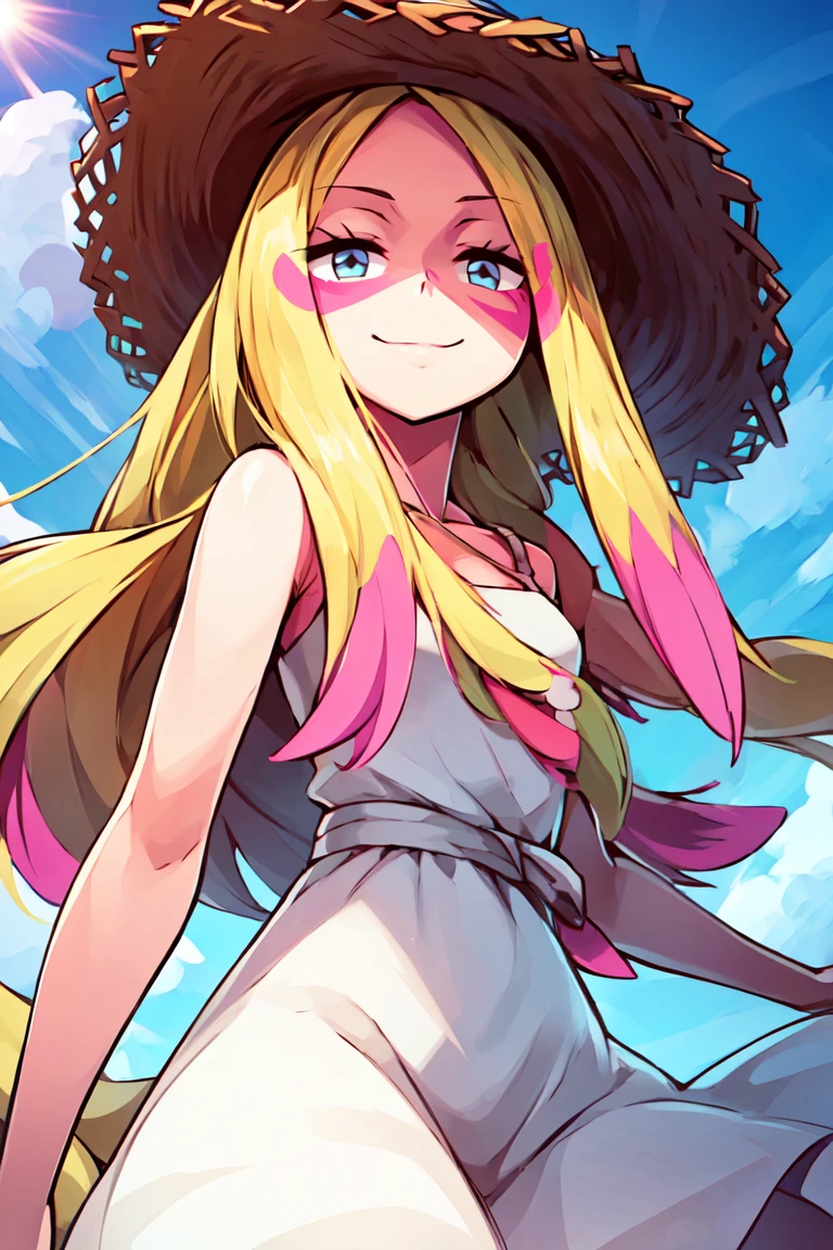 ((masterpiece, best quality)), anime style, <lora:Mina_Pokemon_v2:0.8>, mina (pokemon),  long hair, eyelashes, half-closed eyes, facepaint, solo, smile, looking at viewer, cowboy shot,,  white sundress, sun hat, flowing winds, sunny, outdoors,