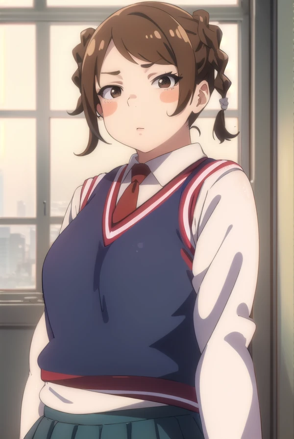 manmotoyama, <lora:man motoyama movie2-lora-nochekaiser:1>,
man motoyama, brown hair, braid, twin braids, fat, (brown eyes:1.5), blush, blush sticker,
BREAK skirt, school uniform, pleated skirt, necktie, miniskirt, red necktie, vest, sweater vest, blue sweater vest,
BREAK indoors, classroom,
BREAK looking at viewer, (cowboy shot:1.5), dynamic pose,
BREAK <lyco:GoodHands-beta2:1>, (masterpiece:1.2), best quality, high resolution, unity 8k wallpaper, (illustration:0.8), (beautiful detailed eyes:1.6), extremely detailed face, perfect lighting, extremely detailed CG, (perfect hands, perfect anatomy),