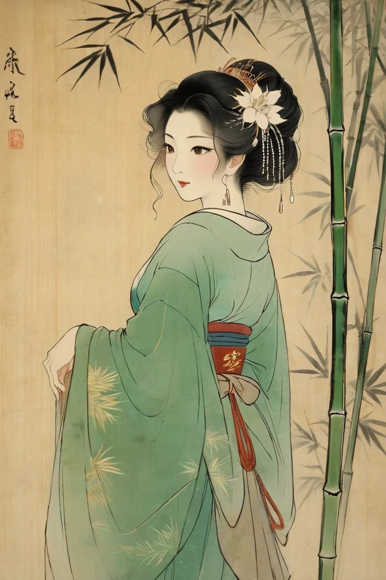 japanese ukiyoe artstyle, woodblock print, bamboo, artistic style sparkling, elegant and unique, gently swaying, mysterious and charming, realistic and abstract art, details, very realistic, beautiful and vital, dreamlike and surreal, delicate brush strokes and rich colors, beauty and mystery, unimaginable beauty,Ornate And Intricate, transparent, translucent, Agate material, jade material, BY Anne Bachelier