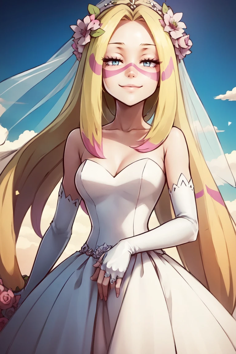 ((masterpiece, best quality)), anime style, <lora:Mina_Pokemon_v2:0.8>, mina (pokemon),  long hair, eyelashes, half-closed eyes, facepaint, solo, smile, looking at viewer, cowboy shot,,   bride, wedding dress, bridal veil, strapless dress, elbow gloves,