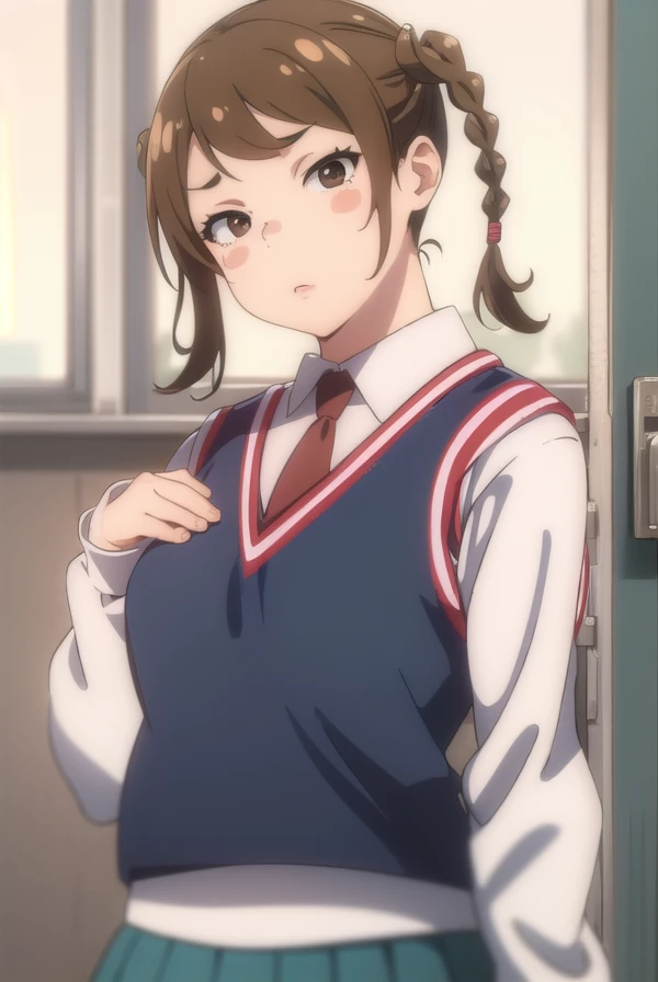 manmotoyama, <lora:man motoyama movie2-lora-nochekaiser:1>,
man motoyama, brown hair, braid, twin braids, fat, (brown eyes:1.5), blush, blush sticker,
BREAK skirt, school uniform, pleated skirt, necktie, miniskirt, red necktie, vest, sweater vest, blue sweater vest,
BREAK indoors, classroom,
BREAK looking at viewer, (cowboy shot:1.5), dynamic pose,
BREAK <lyco:GoodHands-beta2:1>, (masterpiece:1.2), best quality, high resolution, unity 8k wallpaper, (illustration:0.8), (beautiful detailed eyes:1.6), extremely detailed face, perfect lighting, extremely detailed CG, (perfect hands, perfect anatomy),