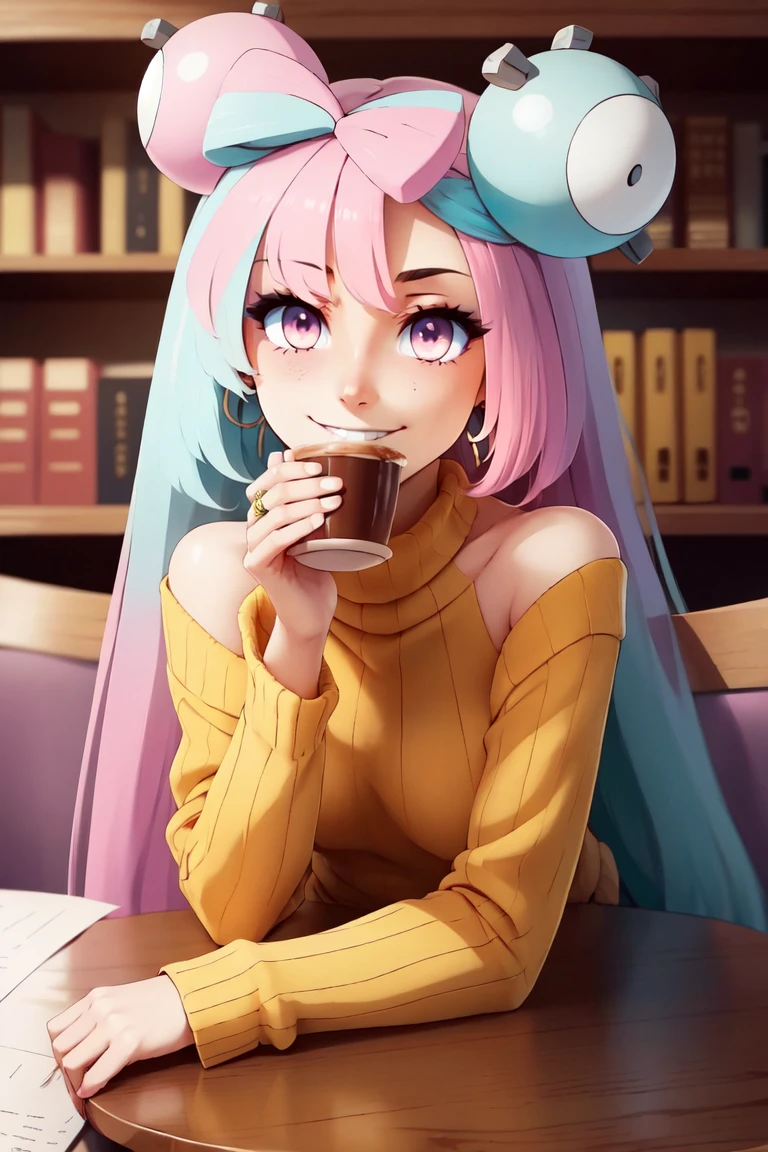 ((masterpiece, best quality)), anime style, <lora:Iono_Pokemon_v2:0.8>, iono (pokemon), solo, 1girl, long hair, pink eyes, blue hair, pink hair, light blue hair, multicolored hair, bow-shaped hair, solo, smiling, looking at viewer, cowboy shot, turtleneck sweater, earrings, library, cup of coffee, sitting at table