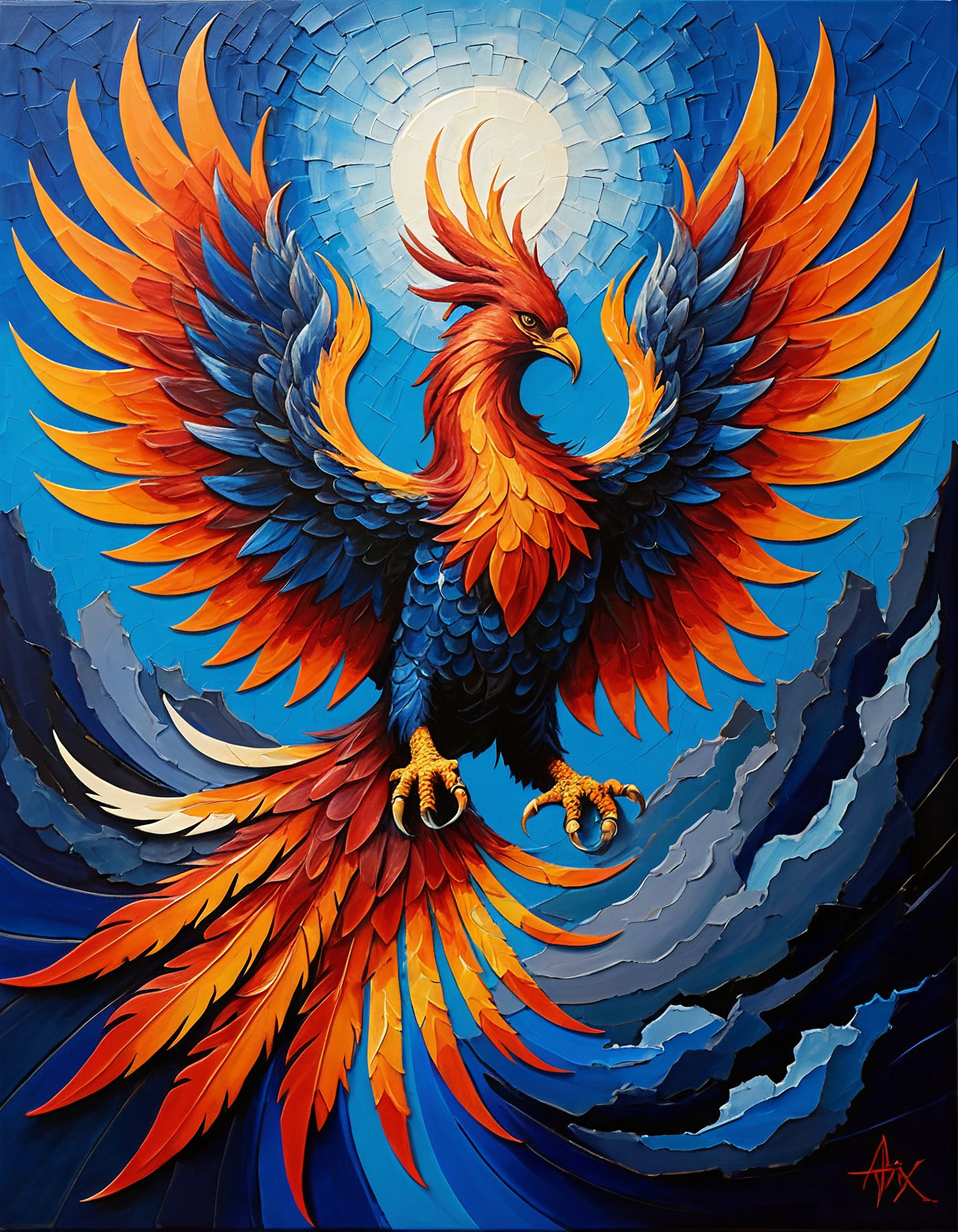 Create an abstract oil painting utilizing an extremely thick impasto technique to depict a phoenix rising. The canvas should come alive with bold, heavy, and tactile strokes of paint, offering a 3D texture that is almost palpable visually. Vivid oranges, intense reds, and bright yellows should surge forth from the center, symbolizing the phoenix's fiery rebirth, while the outer edges transition into deep blues and subtle grays, evoking images of smoke and ashes from its previous life. The heavy application of paint is essential, resulting in ridges and peaks on the surface to enhance the visual impact and depth, capturing the essence and dynamic energy of the mythical phoenix in a dramatic and vivid display.