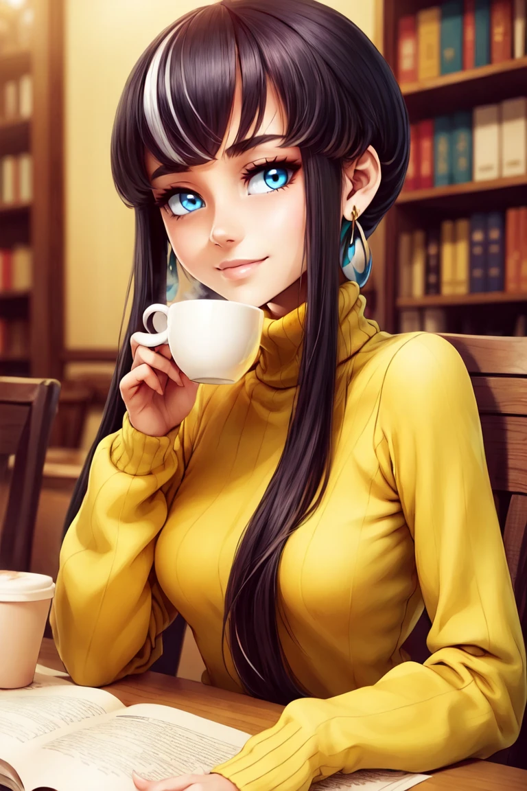 ((masterpiece, best quality)), anime style, <lora:more_details:0.5>, <lora:Elesa_Pokemon_v2:0.8>, elesa (pokemon), black hair, streaked hair, long sidelocks, blunt bangs, solo, smile, looking at viewer, cowboy shot,,  turtleneck sweater, earrings, library, cup of coffee, sitting at table